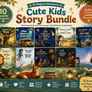 May include: A collection of 10 children's storybooks titled Cute Kids Story Bundle. The image displays 10 individual book covers featuring illustrations of children, animals, and fantasy scenes, alongside text detailing 10 magical adventures.