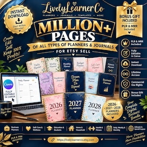 Puede incluir: Un paquete de productos digitales que incluye una computadora portátil con una plantilla de planificador de Canva, rodeada de varias portadas de planificadores y diarios etiquetados como Daily, Weekly, Monthly, Budget, Self Care, Fitness, Gratitude, Manifestation y Business.