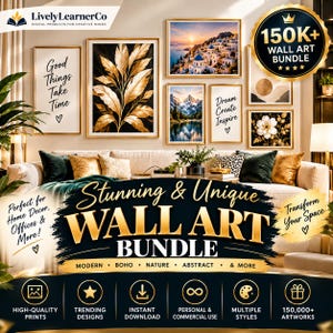 May include: A digital wall art bundle featuring a collection of framed prints including landscapes, botanical illustrations, and typography art with the text Good Things Take Time and Dream Create Inspire, displayed above a sofa in a living room.