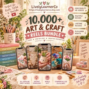 Może przedstawiać: Cyfrowy pakiet marketingowy zatytułowany 10,000+ Art & Craft Reels Bundle od LivelyLearnerCo. Obraz przedstawia pięć smartfonów z filmami o rękodziele, stos książek z kategoriami oraz tekst o prawach PLR i MRR, dożywotnim dostępie i wysokiej jakości filmach HD do mediów społecznościowych.