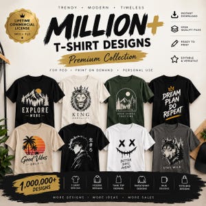 Könnte beinhalten: Eine digitale Sammlung von T-Shirt-Designs mit verschiedenen Grafiken, darunter Berge, ein Löwe, ein Wolf, Palmen und Texte wie Explore More, King Mentality, Good Things Take Time, Dream Plan Do Repeat, Good Vibes Only und Stay Wild.