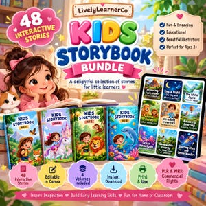 Puede incluir: Un paquete de productos digitales titulado Kids Storybook Bundle de LivelyLearnerCo con 48 historias interactivas. El set incluye cuatro volúmenes ilustrados y una tableta con nueve portadas, junto a iconos para edición en Canva, descarga instantánea y derechos comerciales.