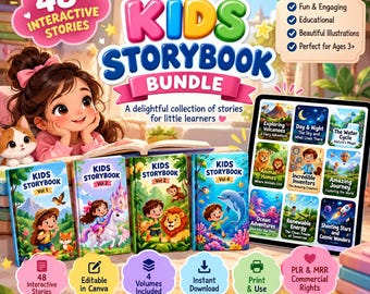 May include: A digital product bundle titled Kids Storybook Bundle by LivelyLearnerCo featuring 48 interactive stories. The set includes four illustrated volumes and a tablet displaying nine story covers, with icons for Canva editing, instant download, and commercial rights.