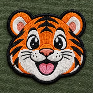 May include: An embroidered patch featuring the face of a cartoon tiger with orange fur, black stripes, white muzzle and cheek details, large black eyes, a pink nose, and an open mouth showing a pink tongue, all outlined with a thick black border.