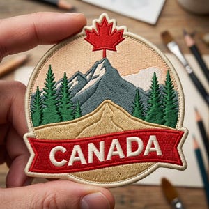 May include: A circular embroidered patch featuring a red maple leaf at the top, a grey mountain range, and green pine trees against a light tan background. A red banner across the bottom contains the white embroidered text CANADA.
