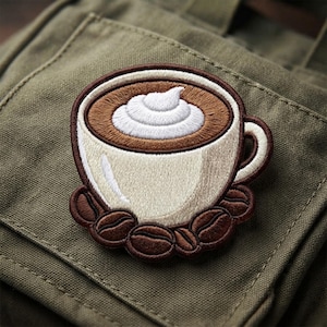May include: An embroidered patch featuring a white coffee cup filled with brown liquid and topped with a swirl of white whipped cream. The cup is surrounded by several dark brown coffee beans, all outlined in a dark brown thread border.