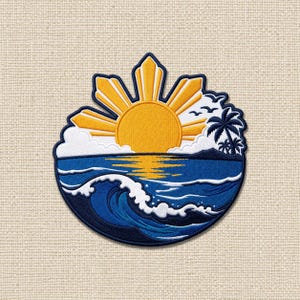 May include: A circular embroidered patch featuring a yellow sun with eight rays, white clouds, a dark blue ocean with a crashing wave, and two palm trees on a small island. The design includes a dark blue border and three small birds in the sky.