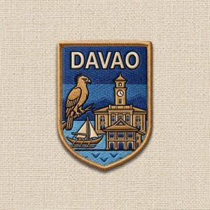 May include: A shield-shaped embroidered patch featuring the text DAVAO in bold letters. The design includes a golden eagle perched on a branch, a sailboat on blue water, and a tan building with a clock tower against a dark blue sky background.