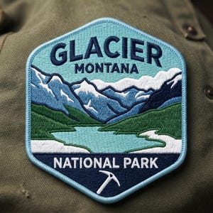 Glacier National Park Montana Iron On Patch Mountain Lake Ice Axe Hiking Outdoor Souvenir Badge Custom Backpack Travel Applique