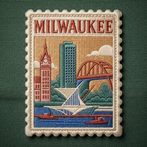 May include: A rectangular embroidered patch shaped like a postage stamp with a scalloped border. It features the text MILWAUKEE in red letters above a city skyline illustration including a clock tower, a skyscraper, a bridge, and a boat.