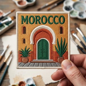 May include: A square embroidered patch featuring a mustard yellow building with a central arched green doorway and the text MOROCCO in green letters. The design includes two potted green plants on either side of the entrance and a gray tiled floor.