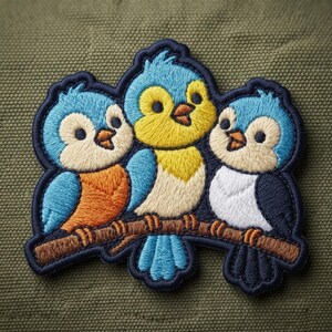 May include: An embroidered patch featuring three cartoon birds perched on a brown branch. The left bird is blue and orange, the center bird is blue and yellow, and the right bird is blue and white. All birds have dark blue outlines and small beaks.