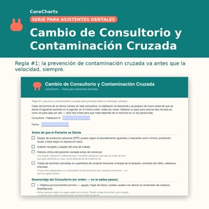 May include: A teal and white informational checklist titled CareCharts Serie para Asistentes Dentales: Cambio de Consultorio y Contaminación Cruzada. The document outlines dental office protocols, including patient room preparation and safety steps.