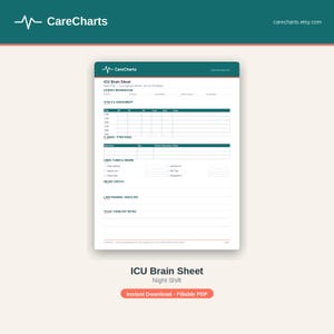 May include: A white ICU Brain Sheet for the night shift with dark teal headers and borders. The document includes sections for patient information, vitals and assessment, IV drips, lines, tubes, drains, neuro checks, labs, and hand-off notes.