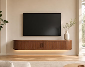 Floating TV Stand Fluted Wall Mounted Media Console with LED Lights