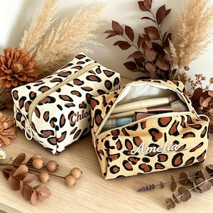 Leopard Print Makeup Bag: Personalized Embroidered Name Cosmetic Pouch, Custom Animal Print Travel Toiletry Bag, Personalized Gift