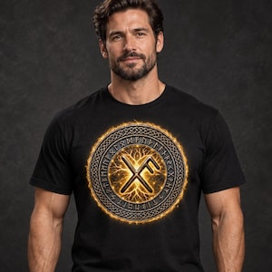Good Luck Bindrune T-Shirt, Comfort Colors 1717, Norse Inspired Unisex Tee, Gold Lightning Design, Front or Back Print