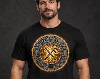 Good Luck Bindrune T-Shirt, Comfort Colors 1717, Norse Inspired Unisex Tee, Gold Lightning Design, Front or Back Print