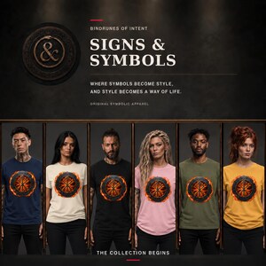 Pode incluir: Seis t-shirts em azul-marinho, creme, preto, rosa, azeitona e amarelo, cada uma com um emblema circular com um s&iacute;mbolo r&uacute;nico laranja brilhante rodeado por chamas. O texto diz: BINDRUNES OF INTENT, SIGNS & SYMBOLS, WHERE SYMBOLS BECOME STYLE, AND STYLE BECOMES A WAY OF LIFE, ORIGINAL SYMBOLIC APPAREL, THE COLLECTION BEGINS.