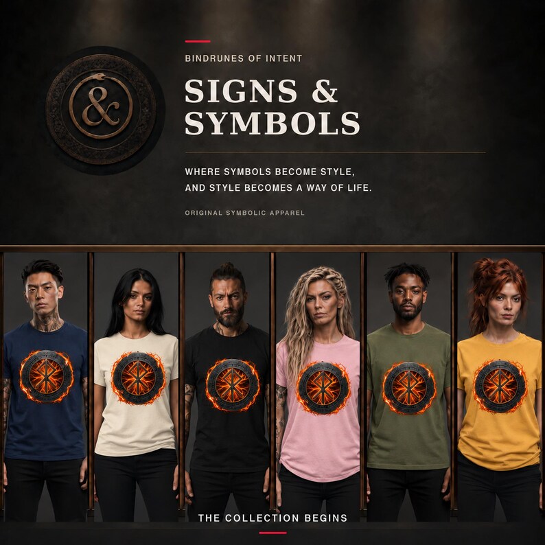 Pode incluir: Seis t-shirts em azul-marinho, creme, preto, rosa, azeitona e amarelo, cada uma com um emblema circular com um s&iacute;mbolo r&uacute;nico laranja brilhante rodeado por chamas. O texto diz: BINDRUNES OF INTENT, SIGNS & SYMBOLS, WHERE SYMBOLS BECOME STYLE, AND STYLE BECOMES A WAY OF LIFE, ORIGINAL SYMBOLIC APPAREL, THE COLLECTION BEGINS.