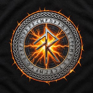 May include: A circular graphic on a black background featuring a metallic silver rune symbol at the center, surrounded by a ring of glowing orange lightning, a stone-textured border with engraved runes, and an outer braided metal frame.