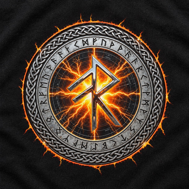 May include: A circular graphic on a black background featuring a metallic silver rune symbol at the center, surrounded by a ring of glowing orange lightning, a stone-textured border with engraved runes, and an outer braided metal frame.