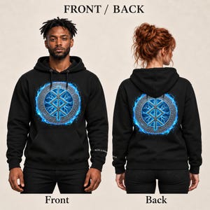 May include: A black hooded sweatshirt featuring a circular graphic on the chest and back. The design displays a blue glowing runic symbol surrounded by a metallic ring with intricate patterns and bright blue lightning effects.