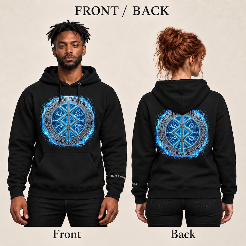 May include: A black hooded sweatshirt featuring a circular graphic on the chest and back. The design displays a blue glowing runic symbol surrounded by a metallic ring with intricate patterns and bright blue lightning effects.