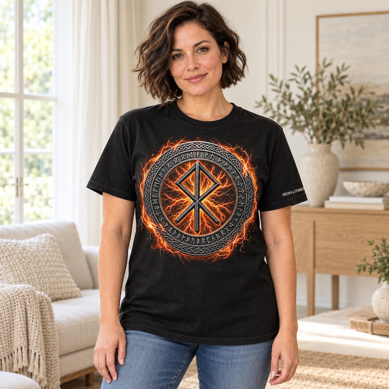 Pode incluir: Uma t-shirt preta com um gr&aacute;fico central de uma runa Othala met&aacute;lica dentro de uma borda circular de caracteres r&uacute;nicos, rodeada por um efeito de rel&acirc;mpagos laranja e amarelo. O texto SIGNS & SYMBOLS est&aacute; impresso na manga.