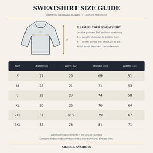 May include: A sweatshirt size guide chart for Cotton Heritage M2480 unisex premium garments. It features a diagram showing length A and width B, with a table listing sizes S through 3XL in both inches and centimetres for accurate measurement.