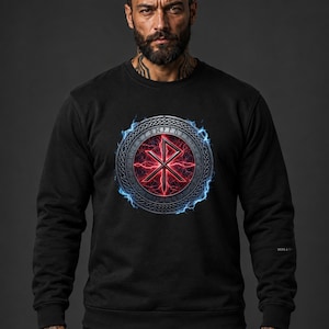 May include: A black long-sleeve sweatshirt featuring a circular graphic on the chest. The design includes a red glowing rune symbol surrounded by a ring of Norse runes, all encircled by a blue lightning effect on a dark background.
