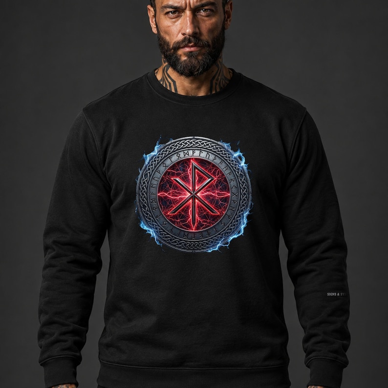 May include: A black long-sleeve sweatshirt featuring a circular graphic on the chest. The design includes a red glowing rune symbol surrounded by a ring of Norse runes, all encircled by a blue lightning effect on a dark background.