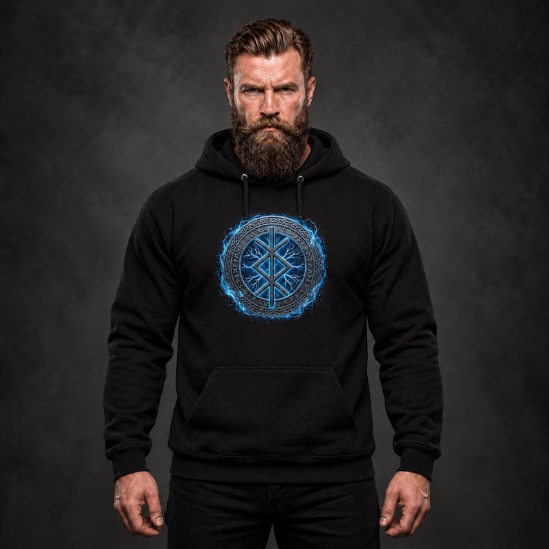 May include: A black hooded sweatshirt featuring a central circular graphic. The design displays a blue glowing runic symbol surrounded by intricate knotwork patterns and electric blue lightning effects on the chest area.