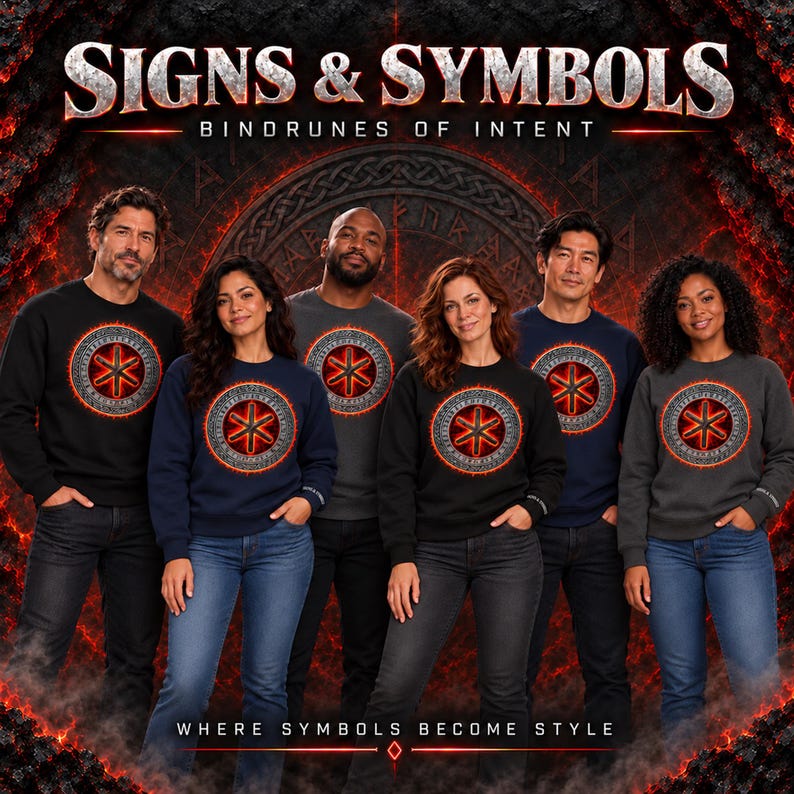 May include: Five people wearing dark-coloured crewneck sweatshirts featuring a circular graphic with a red six-pointed star symbol. The text "SIGNS & SYMBOLS BINDRUNES OF INTENT" and "WHERE SYMBOLS BECOME STYLE" appears in white against a dark, fiery background.
