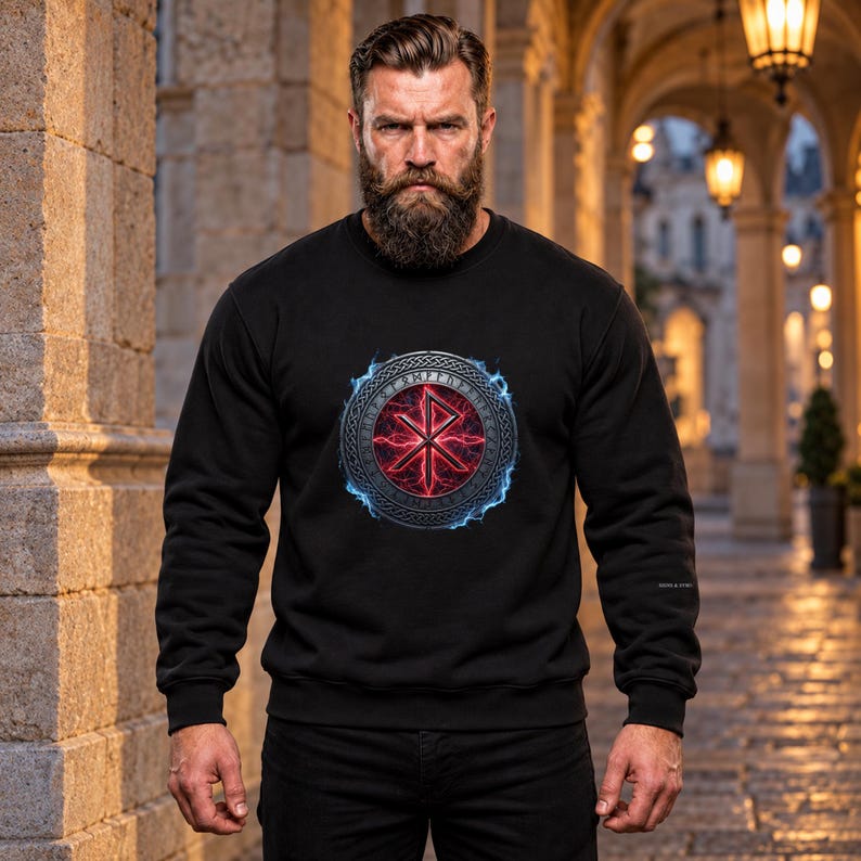 May include: A black long-sleeve sweatshirt featuring a circular graphic on the chest. The design includes a red glowing rune symbol surrounded by a metallic border with runic inscriptions, all encircled by a vibrant blue energy aura.