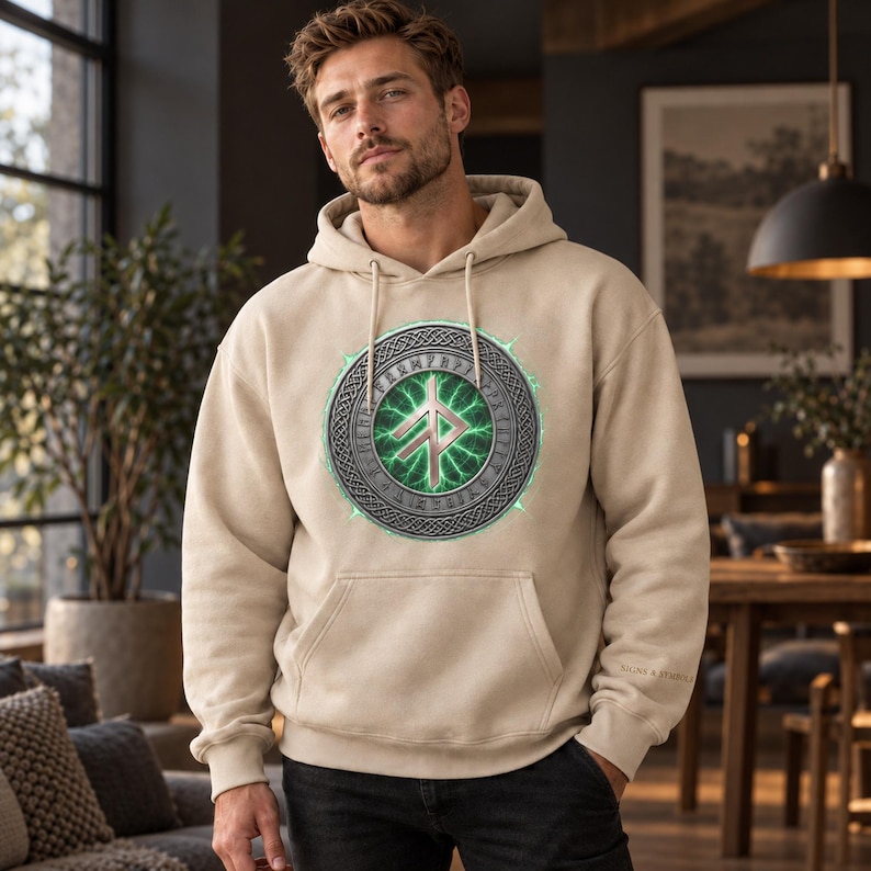 May include: A beige hooded sweatshirt featuring a central circular graphic. The design displays a metallic rune symbol surrounded by a glowing green energy effect and an intricate silver Celtic knot border on the front chest area.