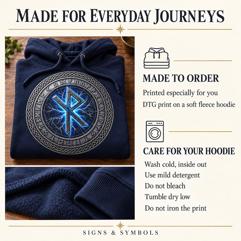 May include: A navy blue fleece hoodie featuring a circular graphic with a central rune symbol surrounded by lightning and a border of runic characters. Text includes MADE FOR EVERYDAY JOURNEYS, MADE TO ORDER, and CARE FOR YOUR HOODIE with laundry instructions.