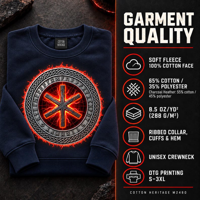 May include: A navy blue crewneck sweatshirt featuring a central graphic of a six-pointed star symbol enclosed in a circular runic border with a glowing red fire effect. The right side lists garment quality details including 65% cotton, 35% polyester, 288 g/m2 weight, and DTG printing.