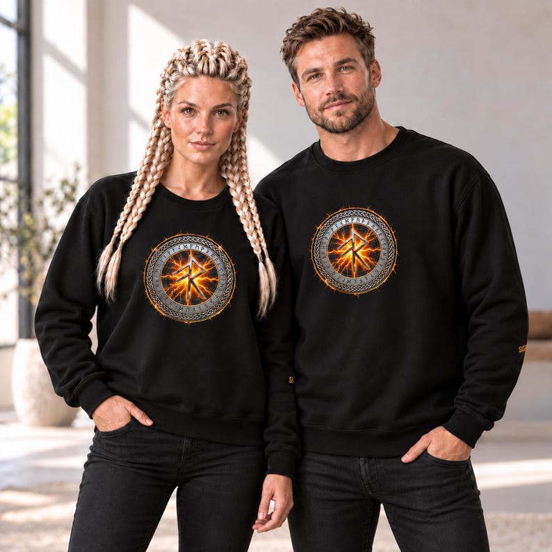 May include: Two black crewneck sweatshirts featuring a circular graphic on the chest. The design displays a glowing orange and yellow lightning effect surrounding a central runic symbol, enclosed by a metallic-looking border with etched runes.