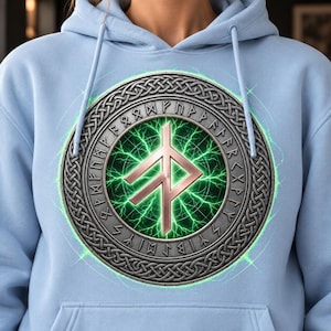 May include: A light blue hooded sweatshirt featuring a central circular graphic. The design includes a metallic silver border with intricate Celtic knotwork and runic inscriptions surrounding a glowing green electric energy effect.