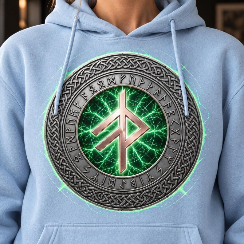 May include: A light blue hooded sweatshirt featuring a central circular graphic. The design includes a metallic silver border with intricate Celtic knotwork and runic inscriptions surrounding a glowing green electric energy effect.