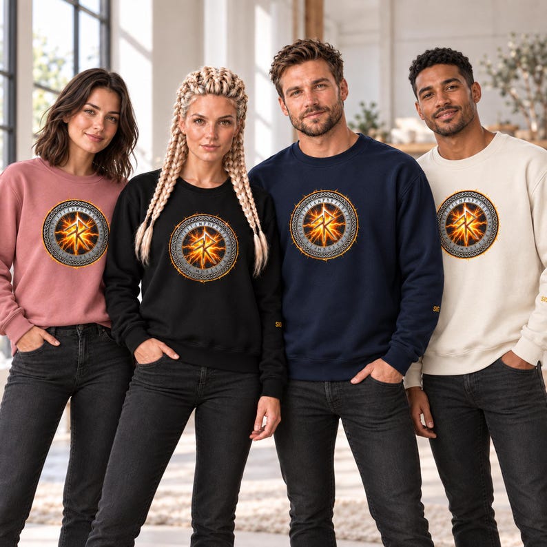 May include: A collection of four long-sleeved crewneck sweatshirts in dusty rose, black, navy blue, and cream. Each sweatshirt features a circular graphic on the chest displaying a glowing orange and yellow runic symbol with a dark border.