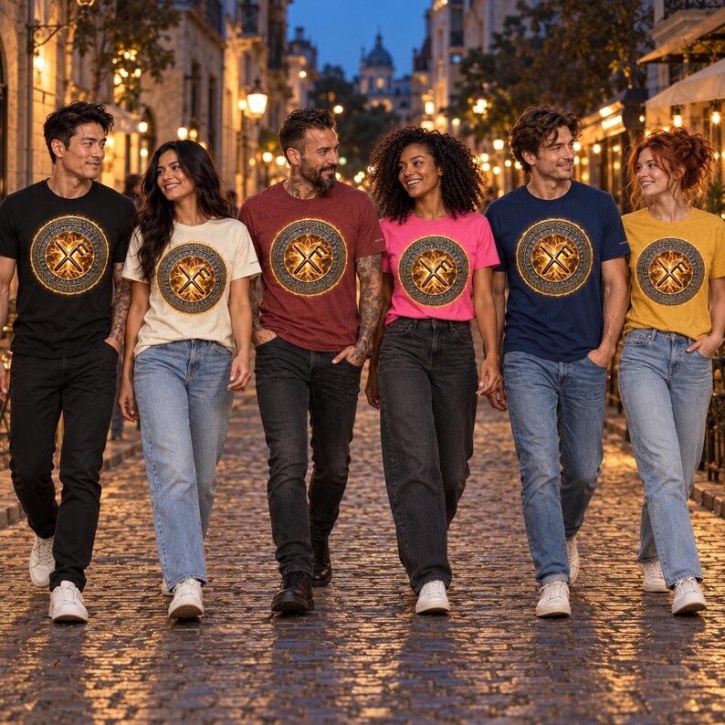 May include: Six individuals wearing short-sleeved t-shirts in black, cream, maroon, pink, navy blue, and mustard yellow. Each shirt features a circular graphic on the chest containing a glowing orange fire pattern and a central runic symbol.