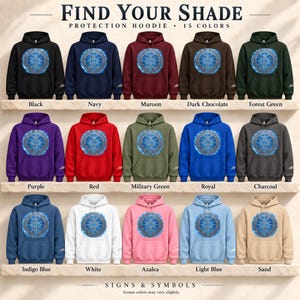 May include: Fifteen hoodies in black, navy, maroon, dark chocolate, forest green, purple, red, military green, royal, charcoal, indigo blue, white, azalea, light blue, and sand, each featuring a blue circular graphic with a central symbol.