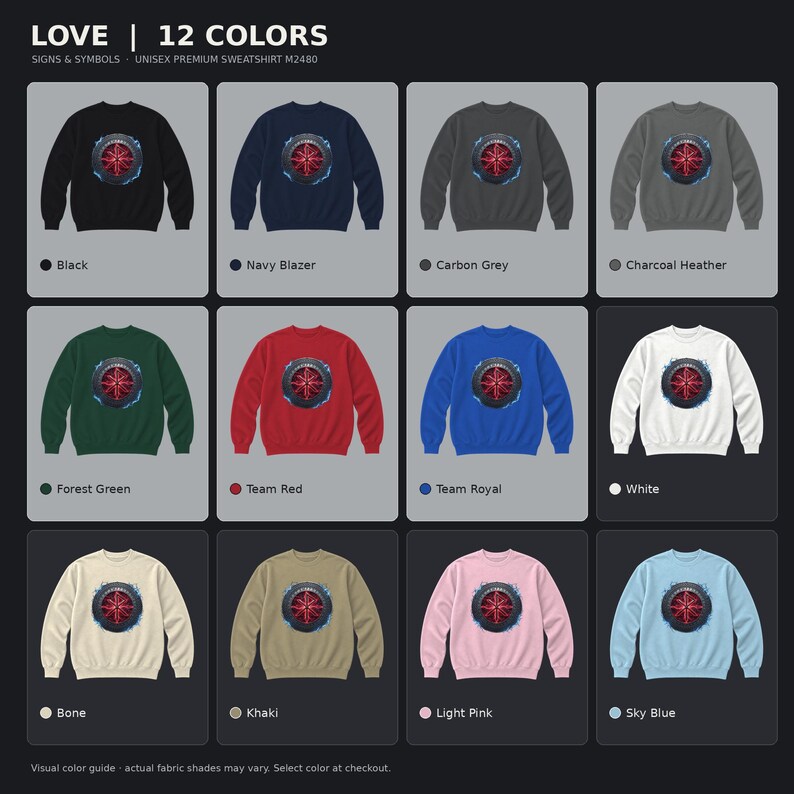 May include: A collection of twelve crewneck sweatshirts in black, navy blazer, carbon grey, charcoal heather, forest green, team red, team royal, white, bone, khaki, light pink, and sky blue. Each features a central red circular graphic.