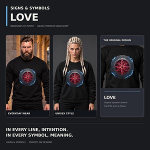 May include: A black crewneck sweatshirt featuring a circular graphic with a red glowing bindrune symbol at the centre, surrounded by a metallic-looking ring and blue energy effects. The text reads SIGNS & SYMBOLS LOVE and IN EVERY LINE, INTENTION. IN EVERY SYMBOL, MEANING.