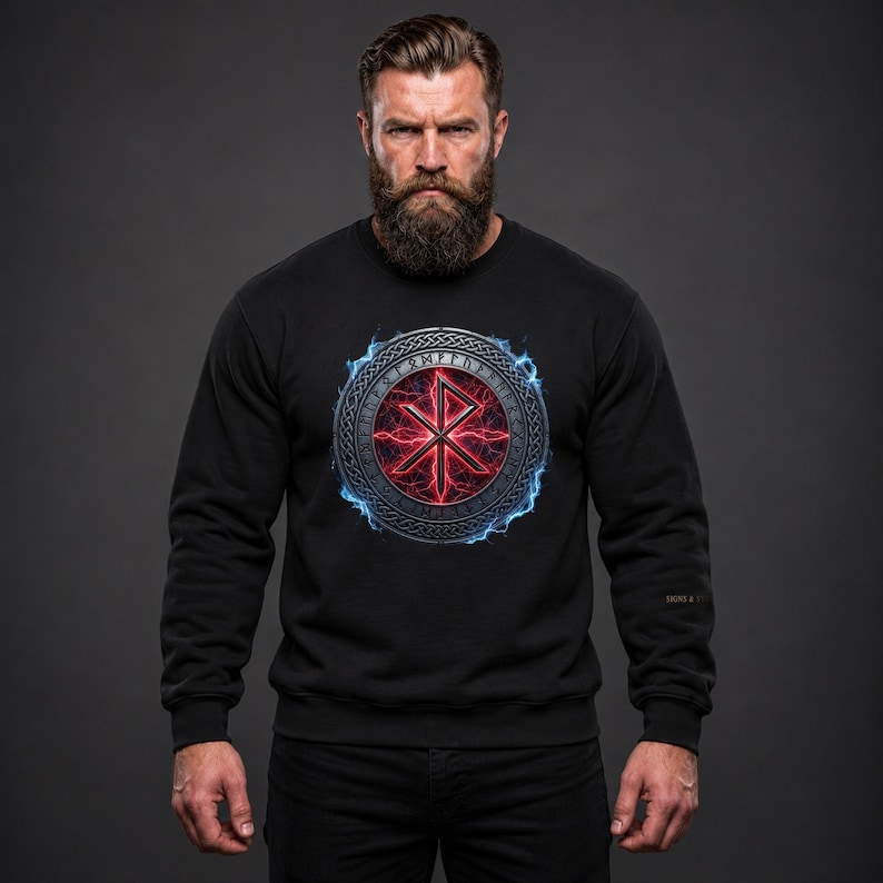 May include: A black long-sleeve sweatshirt featuring a circular graphic on the chest. The design includes a central red rune symbol surrounded by a metallic ring with etched characters, all encircled by a glowing blue electric energy effect.
