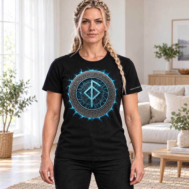 Może przedstawiać: Czarny t-shirt z kr&oacute;tkim rękawem z okrągłą grafiką na klatce piersiowej. Wz&oacute;r przedstawia centralny jasnoniebieski symbol runiczny otoczony metalicznym pierścieniem z wygrawerowanym tekstem oraz świecącym efektem niebieskiej energii.
