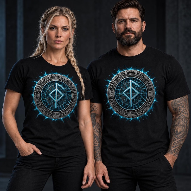 Może przedstawiać: Czarny t-shirt z kr&oacute;tkim rękawem z okrągłą grafiką na klatce piersiowej. Wz&oacute;r przedstawia centralny srebrny symbol runiczny otoczony metalowym pierścieniem z grawerunkami, na tle jasnoniebieskiego wybuchu energii elektrycznej.