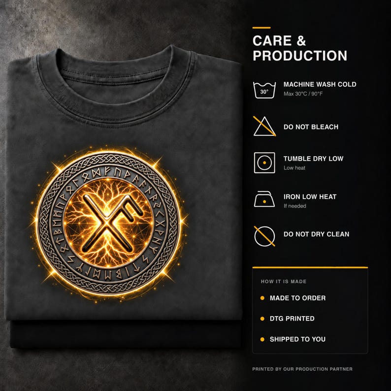 May include: A charcoal gray t-shirt featuring a circular graphic with a glowing orange runic symbol surrounded by a braided border. To the right, text lists CARE & PRODUCTION instructions including machine wash cold at 30&deg;C/90&deg;F, do not bleach, tumble dry low, iron low heat, and do not dry clean.